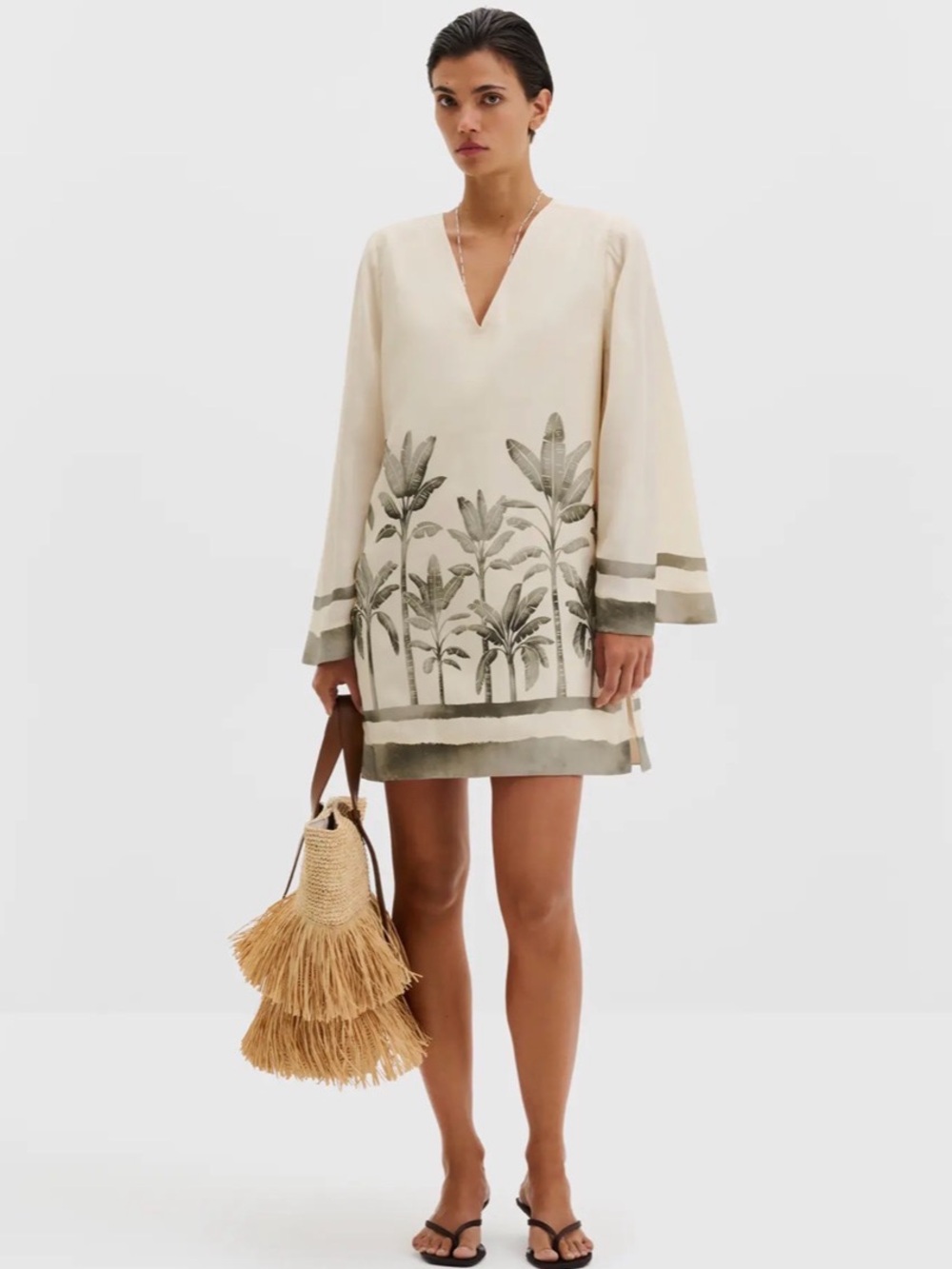 By Malina Cream Mini Tunic resort wear Dress with Olive Palm Border size EU 42